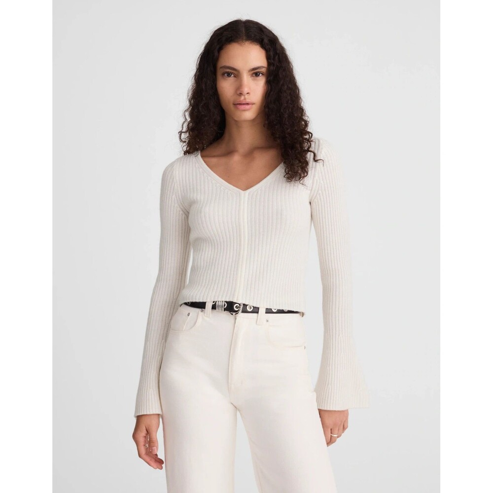 Madewell Sweater Womens L Ivory Ribbed Merino Wool V-Neck Flare Sleeve NW830 NWT